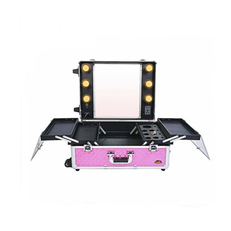 Pink Rolling Aluminum Cosmetic Makeup Case With light,mirror