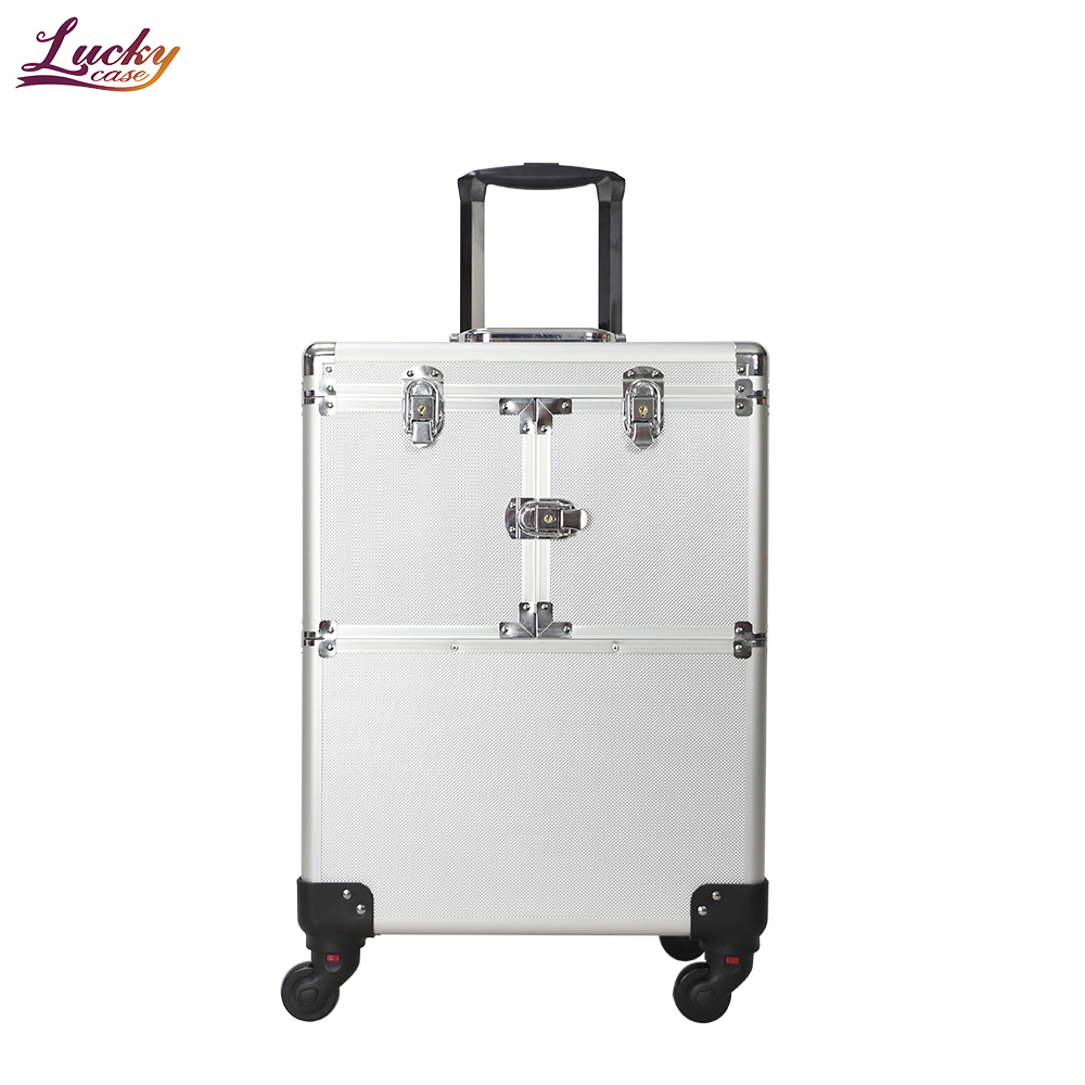 Sliver Professional Rolling Makeup Case Aluminum Makeup Case Makeup Trolley Case